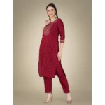 Generic Women's Casual 3-4 th Sleeve Embroidery Cotton Kurti Pant Dupatta Set (Maroon) - Image 3
