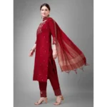 Generic Women's Casual 3-4 th Sleeve Embroidery Cotton Kurti Pant Dupatta Set (Maroon) - Image 4