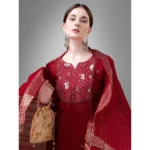 Generic Women's Casual 3-4 th Sleeve Embroidery Cotton Kurti Pant Dupatta Set (Maroon) - Image 3