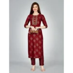 Generic Women's Casual 3-4 th Sleeve Embroidery Rayon Kurti Pant Set (Maroon) - Image 3