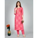 Generic Women's Casual 3-4 th Sleeve Embroidery Rayon Kurti Pant Set (Pink) - Image 3