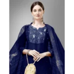Generic Women's Casual 3-4 th Sleeve Embroidery Cotton Kurti Pant Dupatta Set (Dark Blue) - Image 3
