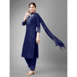 Generic Women's Casual 3-4 th Sleeve Embroidery Cotton Kurti Pant Dupatta Set (Dark Blue) - Image 4