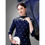 Generic Women's Casual 3-4 th Sleeve Embroidery Cotton Kurti Pant Dupatta Set (Dark Blue) - Image 3