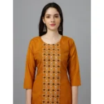 Generic Women's Casual 3-4 th Sleeve Embroidery Cotton Kurti (Mustard) - Image 3