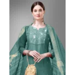 Generic Women's Casual 3-4 th Sleeve Embroidery Cotton Kurti Pant Dupatta Set (Teal) - Image 3