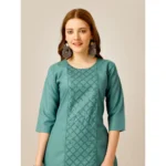 Generic Women's Casual 3-4 th Sleeve Embroidery Cotton Kurti Pant Set (Green) - Image 4