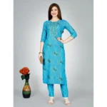 Generic Women's Casual 3-4 th Sleeve Embroidery Rayon Kurti Pant Set (Light Blue) - Image 3