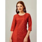 Generic Women's Casual 3-4 th Sleeve Embroidery Cotton Kurti Pant Set (Brown) - Image 3