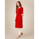 Generic Women's Casual 3-4 th Sleeve Embroidery Cotton Kurti Pant Set (Red) - Image 5