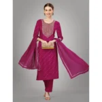 Generic Women's Casual 3-4 th Sleeve Embroidery Silk Blend Kurti Pant Dupatta Set (Rani) - Image 3