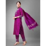 Generic Women's Casual 3-4 th Sleeve Embroidery Cotton Kurti Pant Dupatta Set (Purple) - Image 4