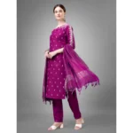 Generic Women's Casual 3-4 th Sleeve Embroidery Cotton Kurti Pant Dupatta Set (Purple) - Image 4