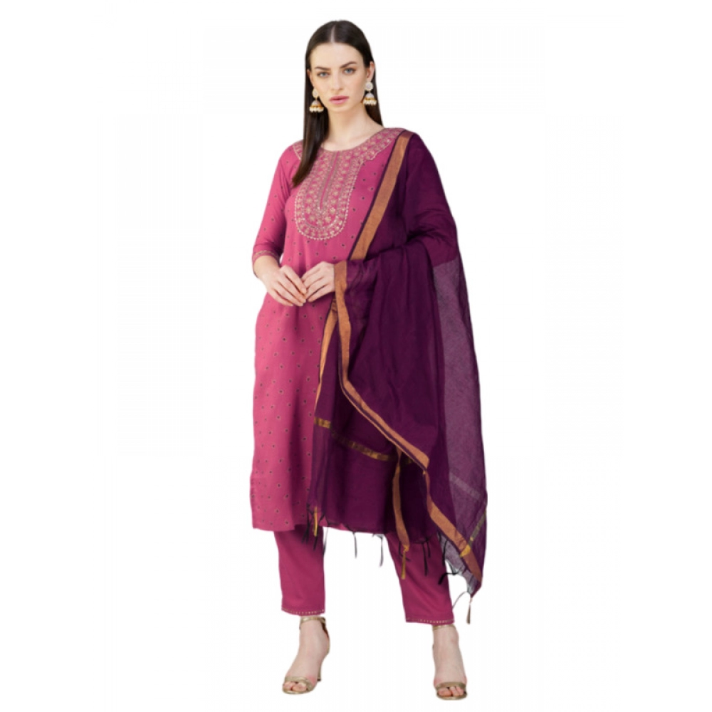 53695494113_09787a6e70_o_d-1000x1000-1.webp Generic Women's Casual 3-4 th Sleeve Embroidery Cotton Kurti Pant Dupatta Set (Wine) - Image 1
