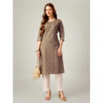 Generic Women's Casual 3-4 th Sleeve Embroidery Cotton Kurti Pant Set (Beige) - Image 2