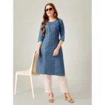 Generic Women's Casual 3-4 th Sleeve Embroidery Cotton Kurti Pant Set (Light Blue) - Image 2