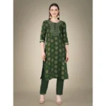 Generic Women's Casual 3-4 th Sleeve Embroidery Cotton Kurti Pant Dupatta Set (Dark Green) - Image 7