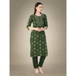 Generic Women's Casual 3-4 th Sleeve Embroidery Cotton Kurti Pant Dupatta Set (Dark Green) - Image 2