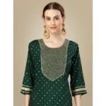 Generic Women's Casual 3-4 th Sleeve Embroidery Silk Blend Kurti Pant Dupatta Set (Dark Green) - Image 4
