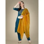 Generic Women's Casual 3-4 th Sleeve Embroidery Cotton Kurti Pant Dupatta Set (Blue ) - Image 3