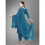 Generic Women's Casual 3-4 th Sleeve Embroidery Cotton Kurti Pant Dupatta Set (Blue ) - Image 6