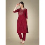 Generic Women's Casual 3-4 th Sleeve Embroidery Cotton Kurti Pant Dupatta Set (Maroon) - Image 7