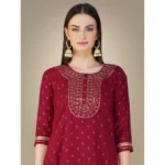 Generic Women's Casual 3-4 th Sleeve Embroidery Cotton Kurti Pant Dupatta Set (Maroon) - Image 5