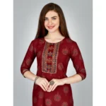 Generic Women's Casual 3-4 th Sleeve Embroidery Rayon Kurti Pant Set (Maroon) - Image 4