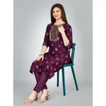 Generic Women's Casual 3-4 th Sleeve Embroidery Rayon Kurti Pant Set (Purple) - Image 3