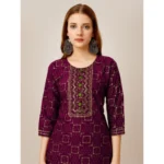 Generic Women's Casual 3-4 th Sleeve Embroidery Rayon Kurti Pant Set (Purple) - Image 4