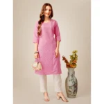 Generic Women's Casual 3-4 th Sleeve Embroidery Cotton Kurti Pant Set (Pink) - Image 2