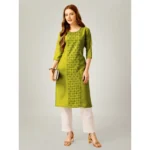 Generic Women's Casual 3-4 th Sleeve Embroidery Cotton Kurti Pant Set (Green) - Image 2