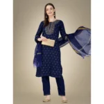 Generic Women's Casual 3-4 th Sleeve Embroidery Cotton Kurti Pant Dupatta Set (Dark Blue) - Image 3