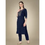 Generic Women's Casual 3-4 th Sleeve Embroidery Cotton Kurti Pant Dupatta Set (Dark Blue) - Image 2