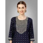 Generic Women's Casual 3-4 th Sleeve Embroidery Silk Blend Kurti Pant Dupatta Set (Navy Blue) - Image 4