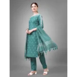 Generic Women's Casual 3-4 th Sleeve Embroidery Cotton Kurti Pant Dupatta Set (Teal) - Image 4