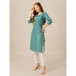 Generic Women's Casual 3-4 th Sleeve Embroidery Cotton Kurti Pant Set (Green) - Image 5