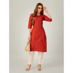Generic Women's Casual 3-4 th Sleeve Embroidery Cotton Kurti Pant Set (Brown) - Image 2
