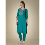 Generic Women's Casual 3-4 th Sleeve Embroidery Cotton Kurti Pant Dupatta Set (Light Green) - Image 2
