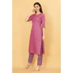 Generic Women's Casual 3-4 th Sleeve Printed Cotton Kurti Pant Set (Pink) - Image 2