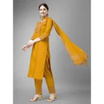 Generic Women's Casual 3-4 th Sleeve Embroidery Cotton Kurti Pant Dupatta Set (Yellow) - Image 4