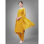 Generic Women's Casual 3-4 th Sleeve Embroidery Cotton Kurti Pant Dupatta Set (Yellow) - Image 4