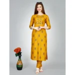 Generic Women's Casual 3-4 th Sleeve Embroidery Rayon Kurti Pant Set (Yellow) - Image 3