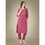 Generic Women's Casual 3-4 th Sleeve Embroidery Cotton Kurti Pant Dupatta Set (Wine) - Image 2