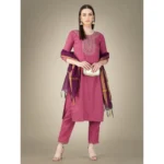Generic Women's Casual 3-4 th Sleeve Embroidery Cotton Kurti Pant Dupatta Set (Wine) - Image 3