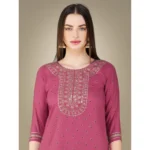 Generic Women's Casual 3-4 th Sleeve Embroidery Cotton Kurti Pant Dupatta Set (Wine) - Image 5