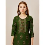 Generic Women's Casual 3-4 th Sleeve Embroidery Rayon Kurti Pant Set (Green) - Image 4