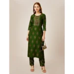 Generic Women's Casual 3-4 th Sleeve Embroidery Rayon Kurti Pant Set (Green) - Image 3