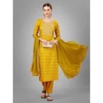 Generic Women's Casual 3-4 th Sleeve Embroidery Silk Blend Kurti Pant Dupatta Set (Golden) - Image 3