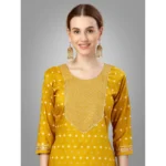 Generic Women's Casual 3-4 th Sleeve Embroidery Silk Blend Kurti Pant Dupatta Set (Golden) - Image 4